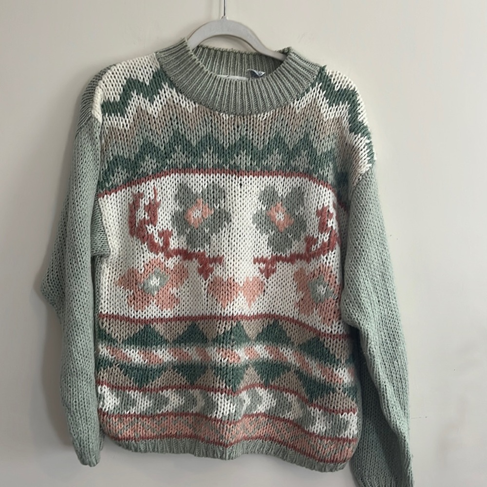 Vintage Hand knitted Granny Sweater Floral Green Pink Ramie‎ Cottagecore L 80s